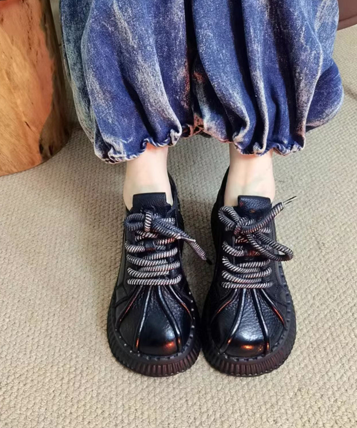 Black Lace Up Splicing Cowhide Leather Platform Shoes