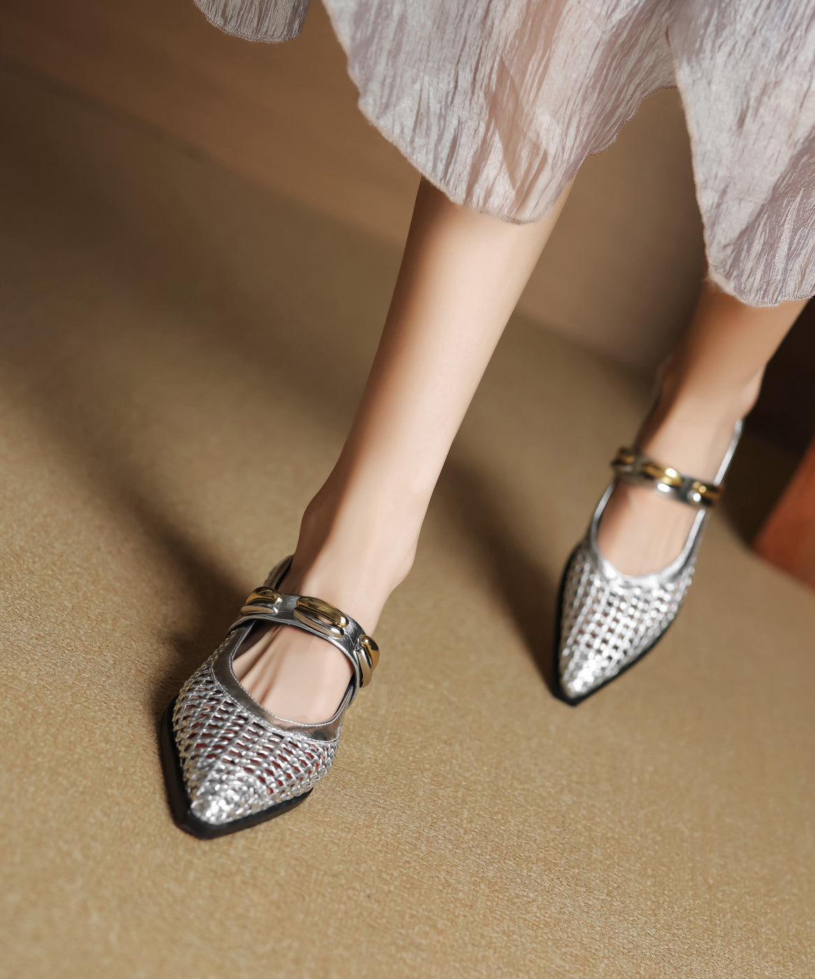 Stylish Splicing Flat Shoes Silver Cowhide Leather Hollow Out