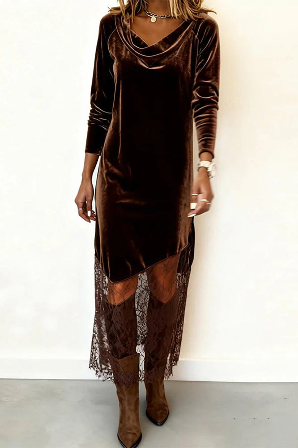 Velvet and Lace Patchwork Long-sleeved Elegant Maxi Dress