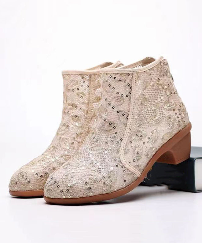 Beige Splicing Zipper Chunky Ankle Boots