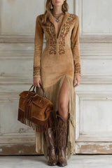 Embroidered Fitted Long-sleeved Tassel Hem Maxi Dress