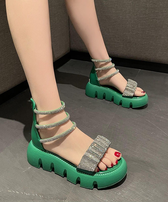 Splicing Zircon Platform Sandals Green Faux Leather