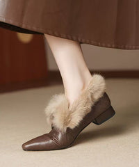 Black Cowhide Leather Comfy Splicing Flats Fuzzy Wool Lined