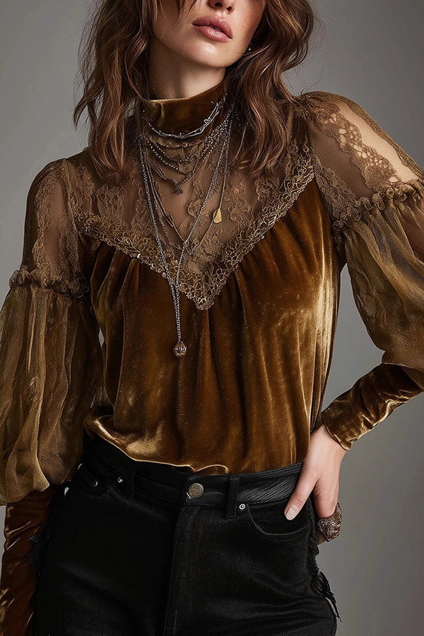 Velvet and Mesh Patchwork Casual Long-sleeved Top