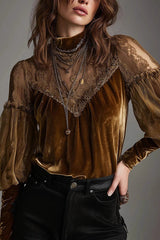 Velvet and Mesh Patchwork Casual Long-sleeved Top
