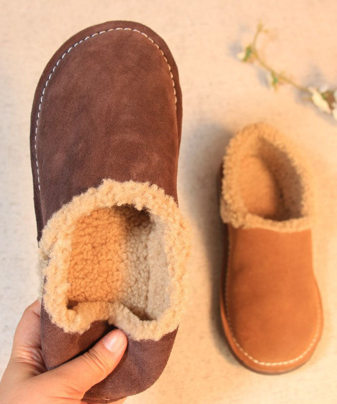 Fine Cowhide Leather Flat Shoes For Khaki Fuzzy Wool Lined Flat Feet Shoes