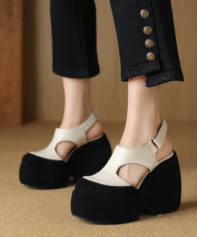 Splicing Platform Sandals White Cowhide Leather Hollow Out