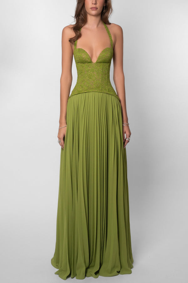 Elegant Lace Patchwork Halter Neck Tie Backless Pleated Maxi Dress