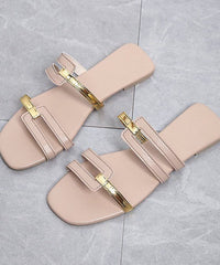 Peep Toe Faux Leather Beige Splicing Flats Slide Sandals