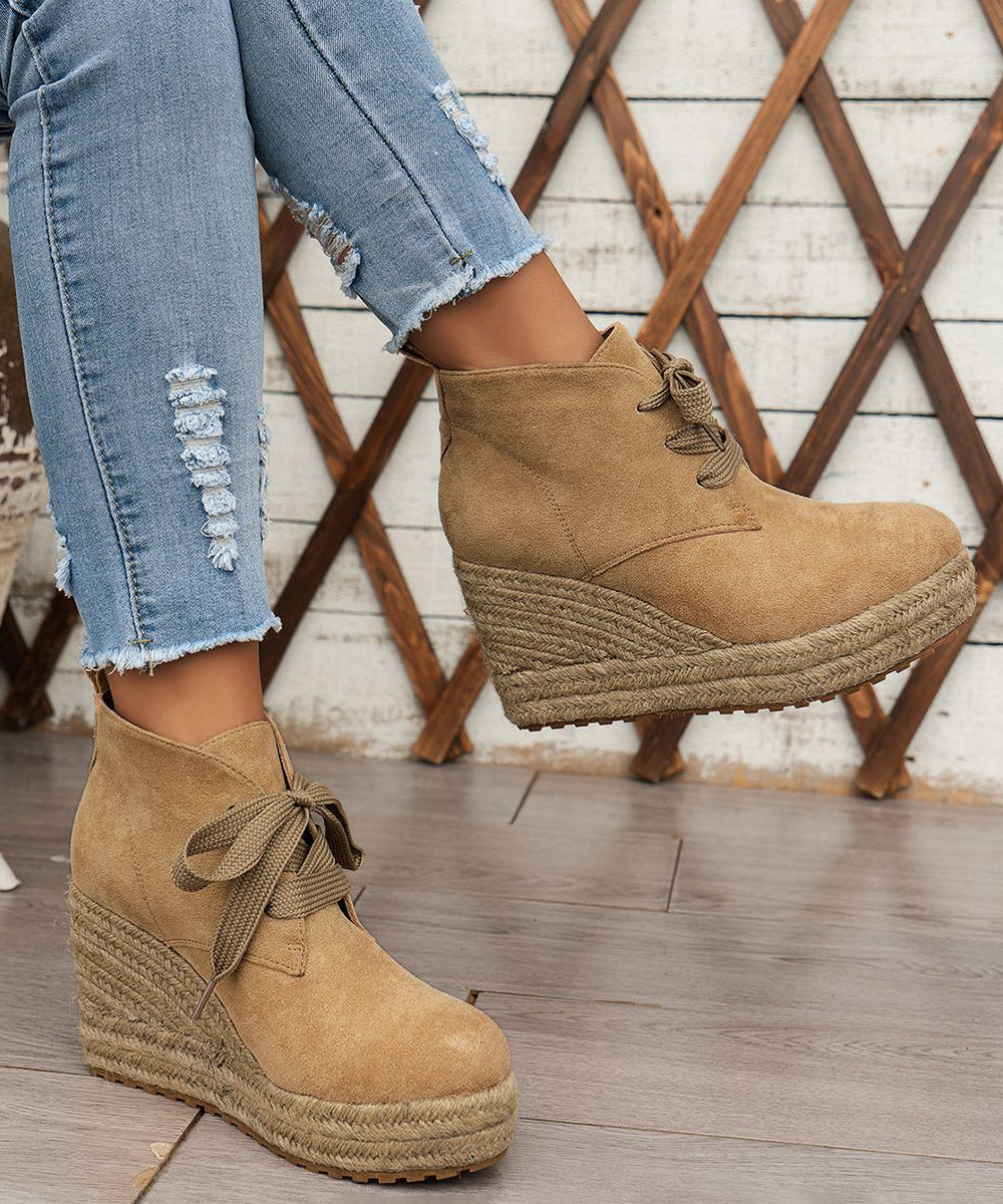 Comfortable Lace Up Wedge Straw Woven Boots Pink Suede