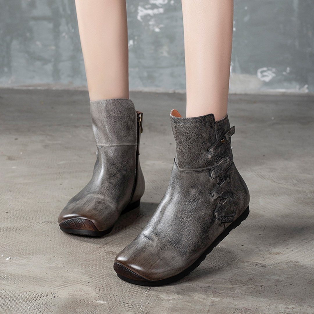 Cozy Side Zippers Casual Leather Flats Martin Boots