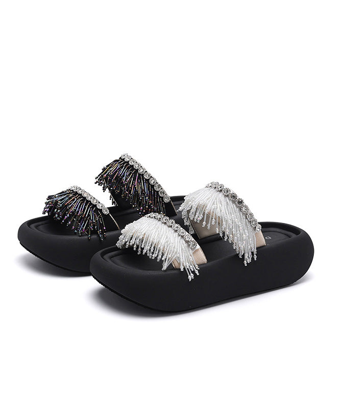 Black Tassel Splicing Platform Slide Sandals Peep Toe