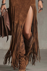 Denim Suede Patchwork Spliced slit Fringed Hem Extra-long Midi Skirt