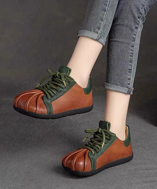 Vintage Green Cowhide Leather Flat Shoes Splicing Lace Up