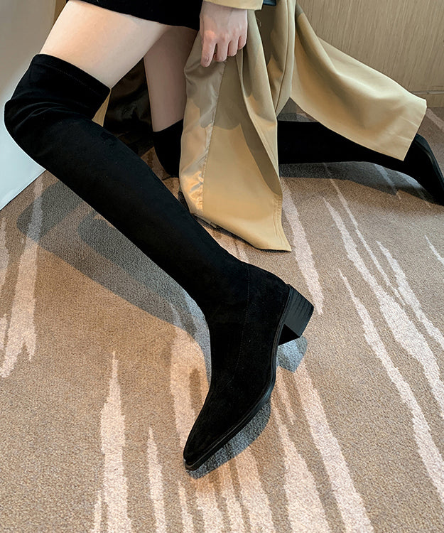 Versatile Black Elastic Fabric Chunky Knee Boots