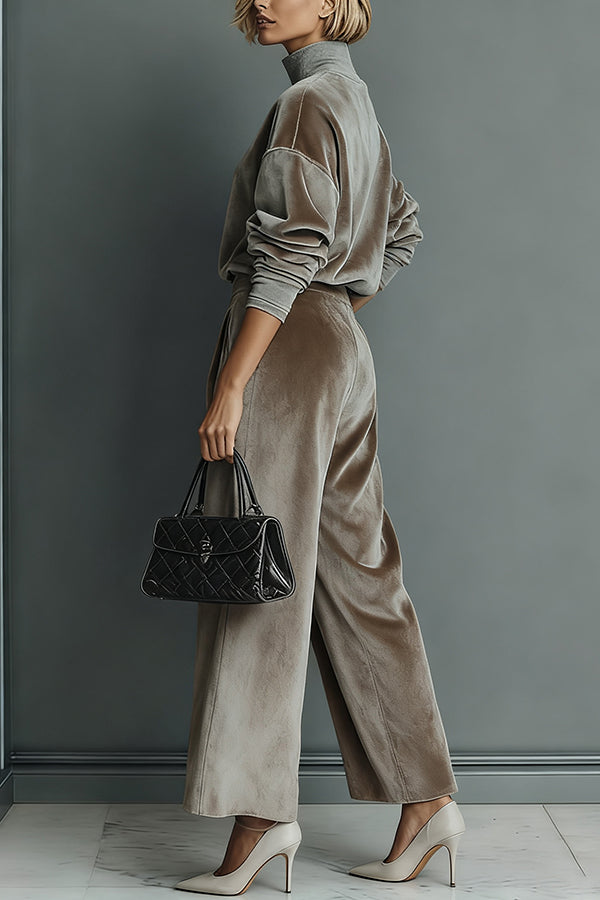Velvet Turtleneck Long-sleeved Top and Casual Pocket Wide-leg Pants Set