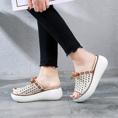 Leather Vintage Hollow Out Wedge Casual Slippers