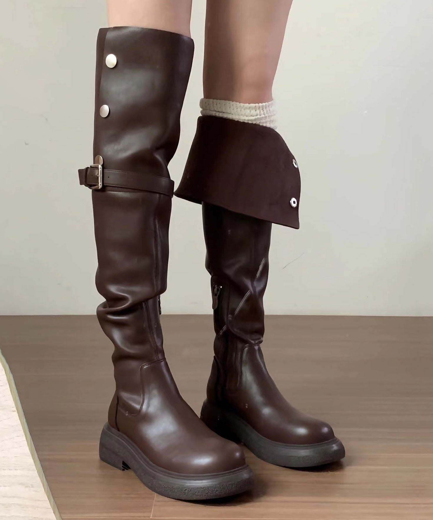 New Versatile Brown Faux Leather Splicing Knee Boots