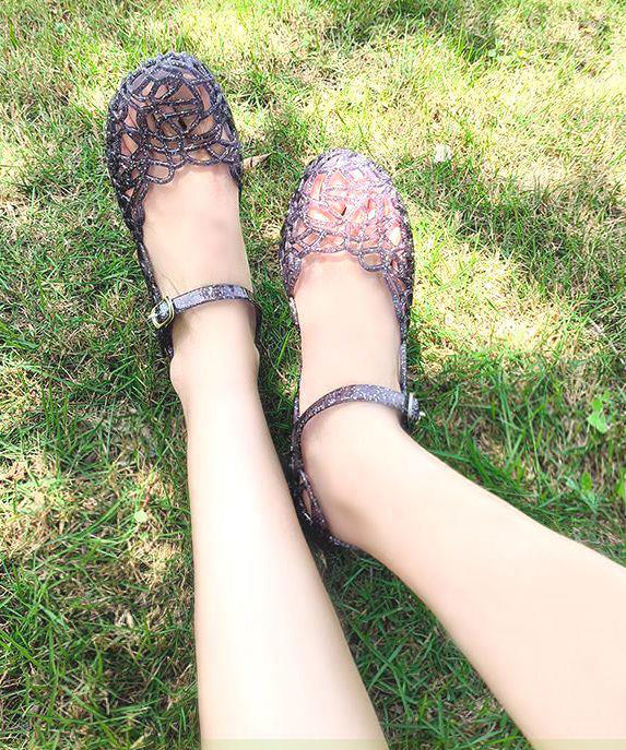 Black Crystal Hollowed Out Wedge Heel Sandals