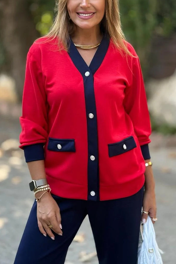 Color-blocked V-neck Knitted Button-down Cardigan and Elastic Waist Casual Wide-leg Pants Set