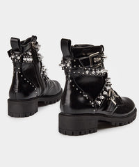 Black Cowhide Leather Splicing Lace Up Rivet Boots