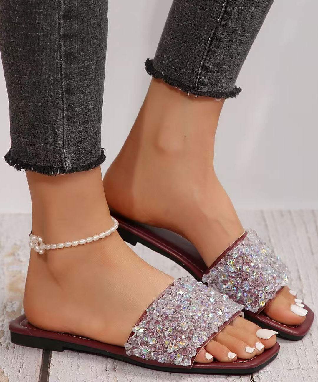 Beautiful Sequins Splicing Wine Red Faux Leather Slide Sandals