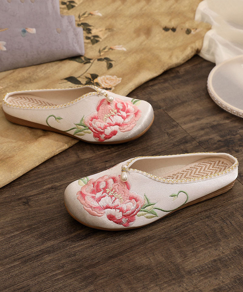 Retro Splicing Slide Sandals White Cotton Fabric Embroideried Nail Bead