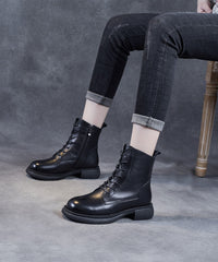 Black Lace Up Warm Fleece Cowhide Leather Ankle Boots