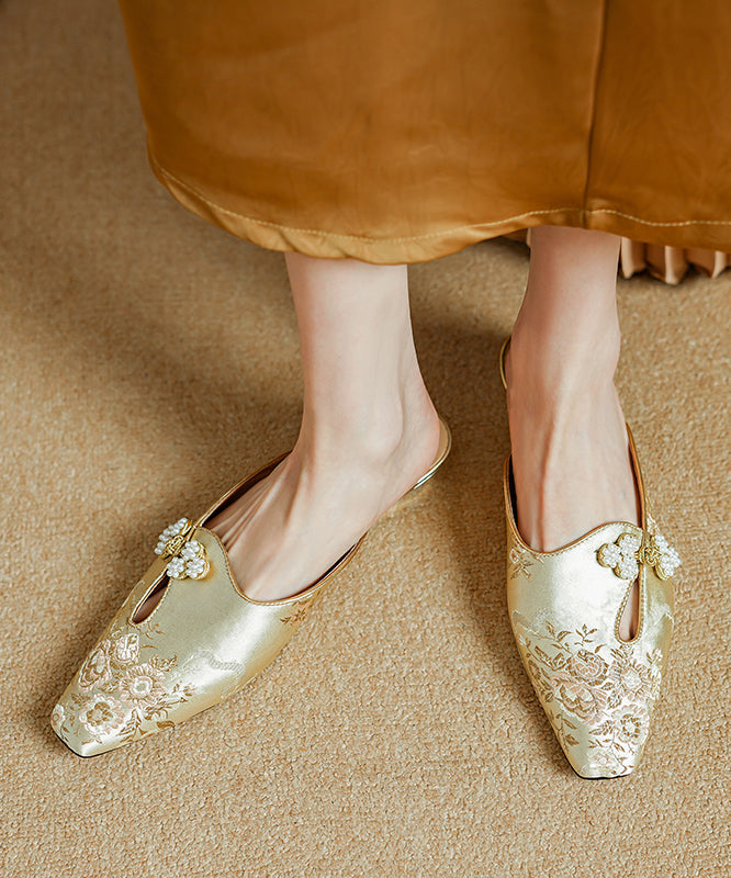 Gold Satin Jacquard Slide Sandals