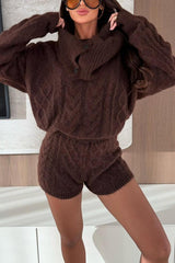 Diviano Cabble Knit Button Scarf Long Sleeve Sweater and Stretch Mini Shorts Set(3 Pieces)