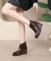 Fine Splicing Wedge Boots Brown Cowhide Leather