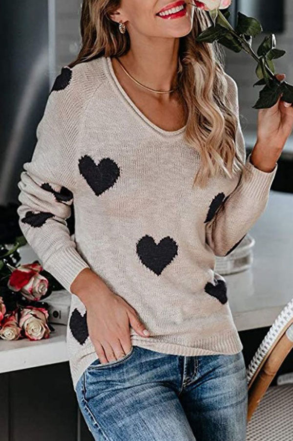 Color-blocked Heart-patterned Long-sleeved Loose Knit Sweater