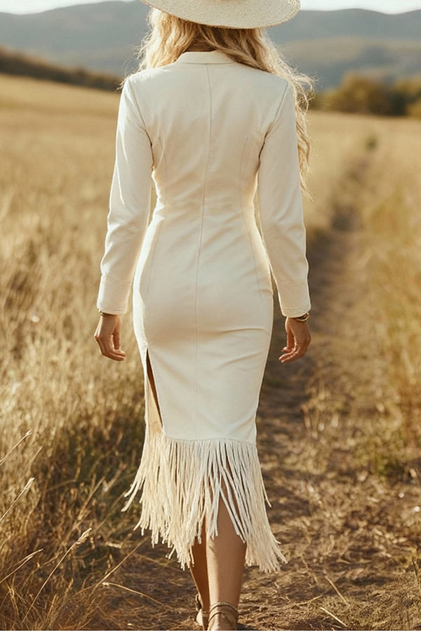 Suede Long-sleeved Zippered Slim-fit Tassel Midi Dress
