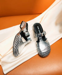 Silver Cowhide Leather Splicing Hollow Out Slide Sandals