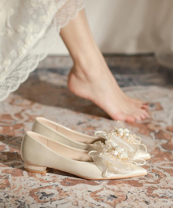 Apricot Bow Nail Bead Splicing Flat Feet Shoes Pointed Toe