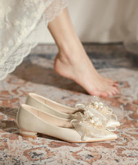 Apricot Bow Nail Bead Splicing Flat Feet Shoes Pointed Toe