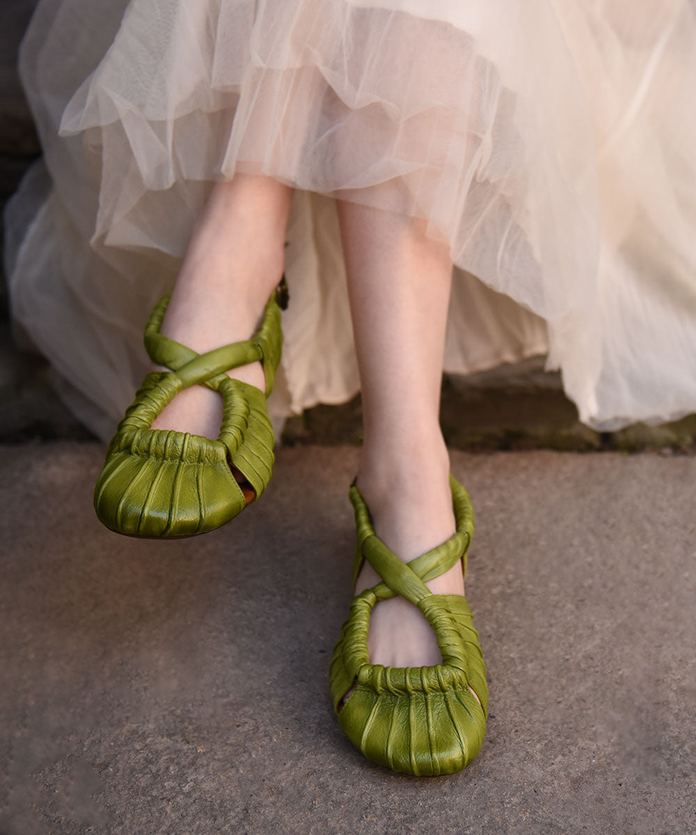 Splicing Sandals Green Cowhide Leather Hollow Out Cross Strap