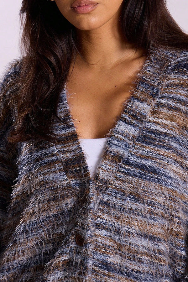 Mixed Color Loose V-neck Casual Knit Cardigan