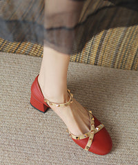 Wine Red Rivet Buckle Strap Cowhide Leather Sandals