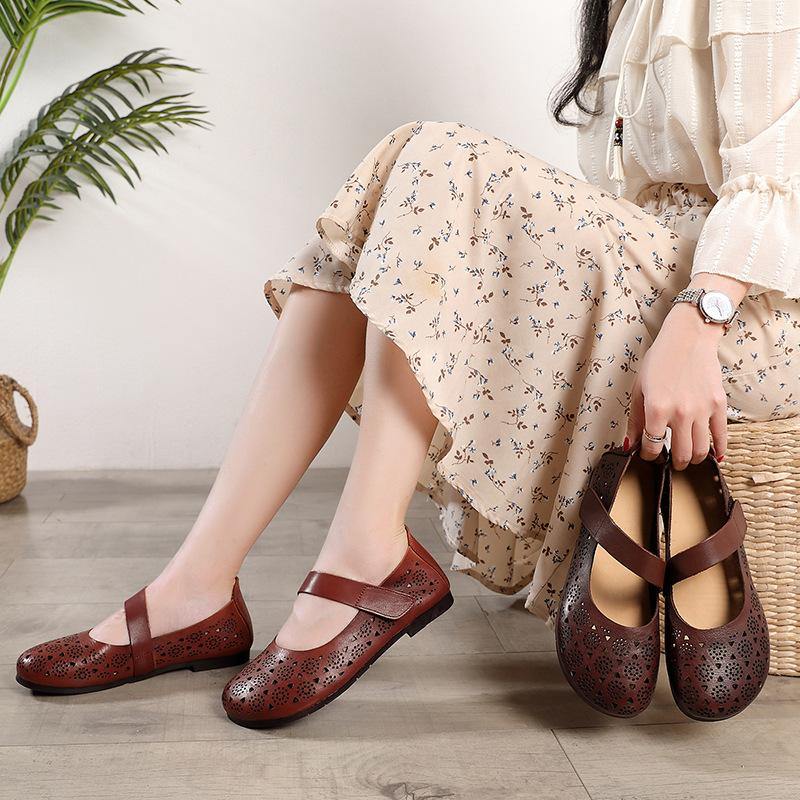 Hollow Out Brown Flat Feet Shoes Buckle Strap Flat Shoes