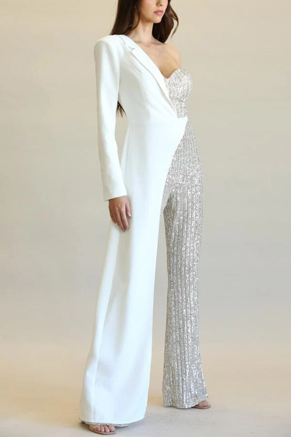 Sequined Patchwork One-sided Long-sleeved Asymmetrical Jumpsuit