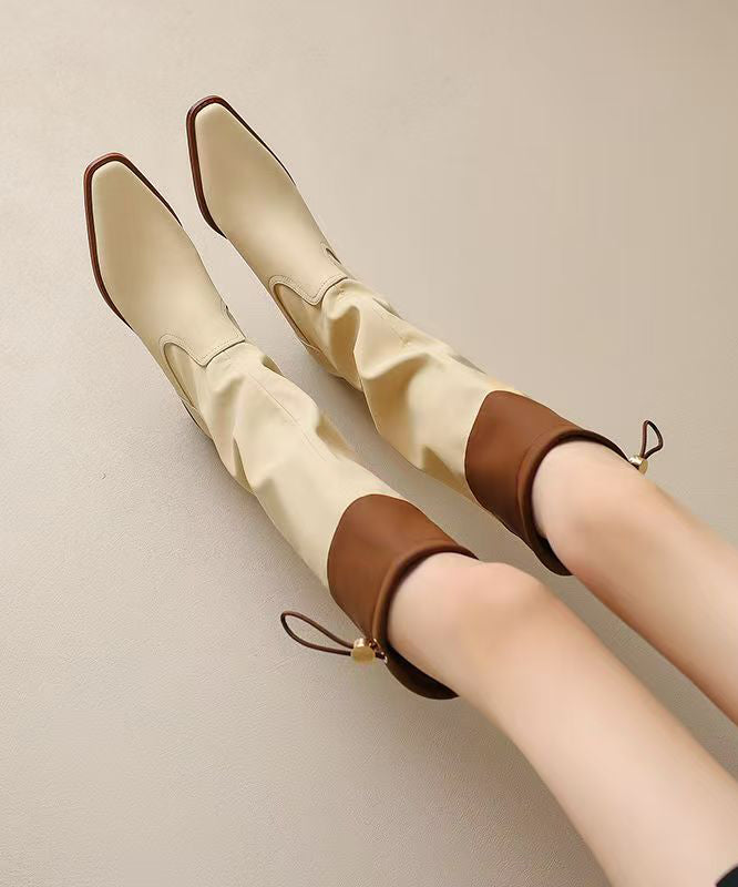 Handmade Splicing Chunky Boots Apricot Cowhide Leather Pointed Toe
