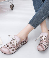 Brown Flat Shoes Cowhide Leather Hollow Out Lace Up Flat Shoes