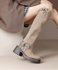 Light Camel Splicing Buckle Suede Chunky Heel Boots