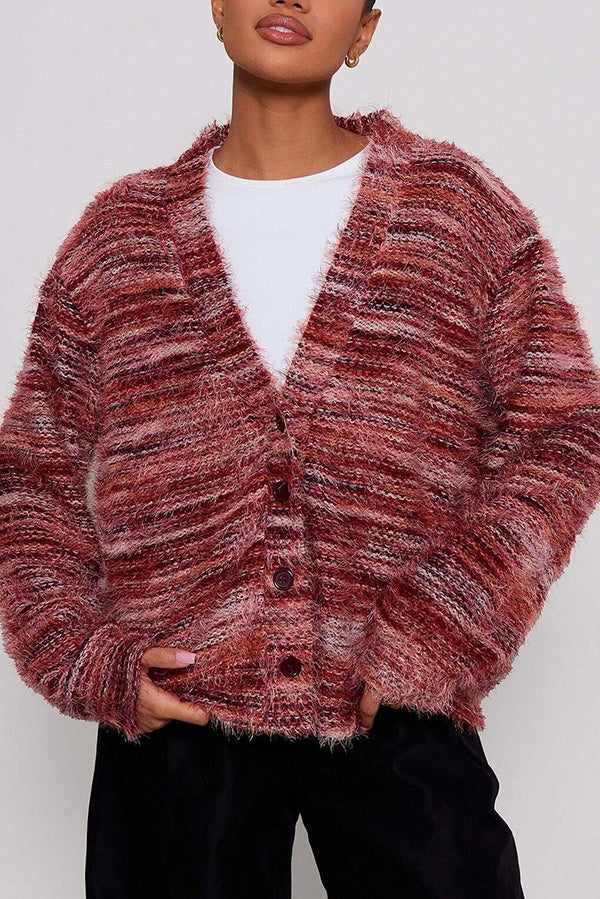 Mixed Color Loose V-neck Casual Knit Cardigan