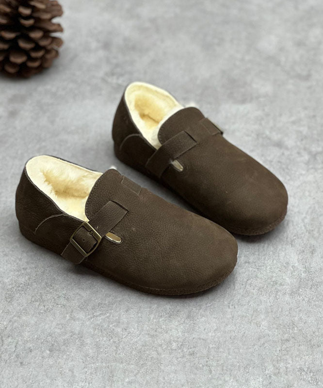 Coffee Cowhide Leather Flats Fuzzy Wool Lined Comfy Buckle Strap Flats