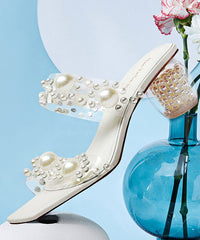 White Peep Toe Chunky Splicing Nail Bead Slide Sandals