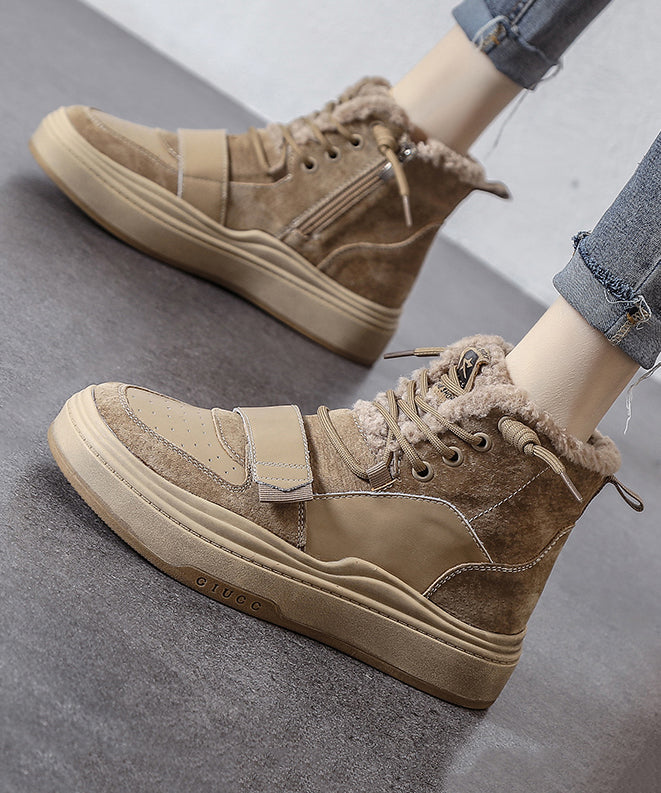 Lace Up Splicing Platform Boots Khaki Faux Leather Fuzzy Wool Lined