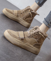 Lace Up Splicing Platform Boots Khaki Faux Leather Fuzzy Wool Lined