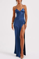 Satin Solid Color Backless Lace Up High Slit Maxi Dress